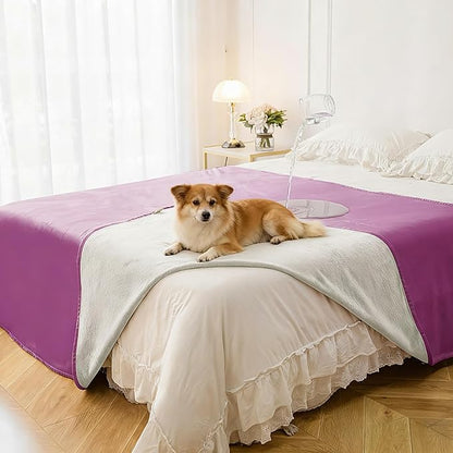 Waterproof Blanket for Bed King Size, Leak Proof Dog Couch Blankets Reversible, Pet Throw Sofa Furniture Protector Machine Washable-82 x108,Purple+Cream
