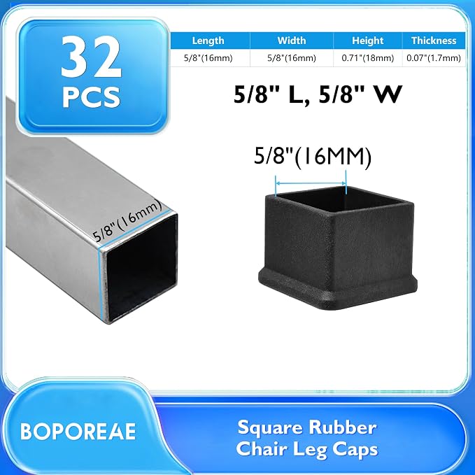 32 Pcs 5/8" x 5/8" Square Rubber Chair Leg Caps, PVC Table Leg Covers, Flexible - Image 2