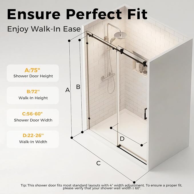 56-60" W x 75" H Frameless Shower Door, Magnetic Sliding Glass Shower Door - Image 6