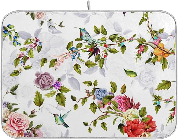 Tarity Rose Peony Poppy Hummingbirds Dish Drying Mat by Unknown