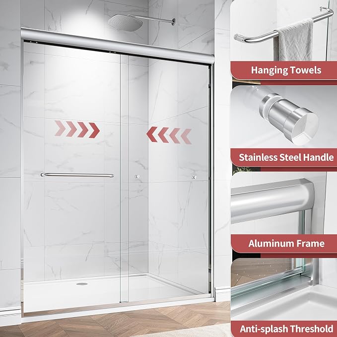 56-60" W x 76" H Semi-Frameless Double Sliding Glass Shower Door, 1/4" Clear - Image 2