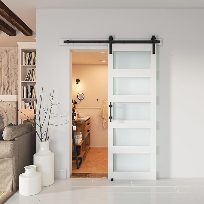 30'' x 80'' Glass Barn Door and 5 Ft Hardware Kit Included, MDF White Barn Door - Image 6