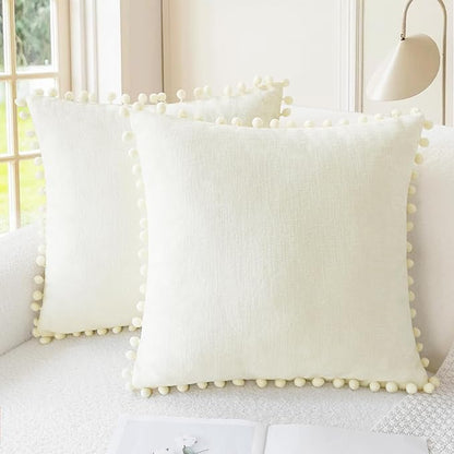 CaliTime Throw Pillow Covers Decorative 20 X 20 Inches Pack of 2 Cozy Solid Dyed Soft Chenille Cushion Cases with Pom Poms for Couch Sofa Bed Living Room Home Cream