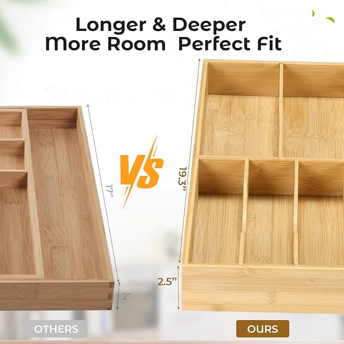 Fabsome Silverware Organizer for Kitchen Drawers, 2.5'' Deep 12.8'' Wide Bamboo - Image 4