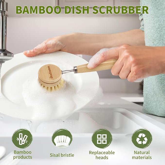 Bamboo Dish Brush with Long Handle - Image 3