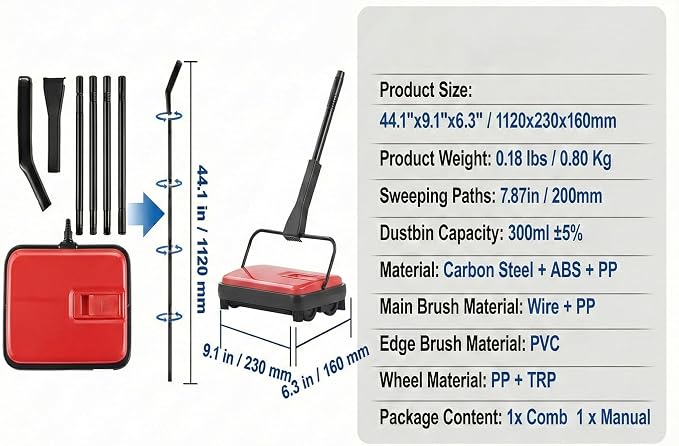Manual Carpet Sweeper, Electric-Free Quiet Floor Sweeper - Image 2