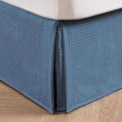 MIYE Pleated Waffle Weave Bed Skirt, Tailored Dust Ruffle 22 Inch Drop Easy Fit, Machine Washable (Blue, Twin - 22" Drop)