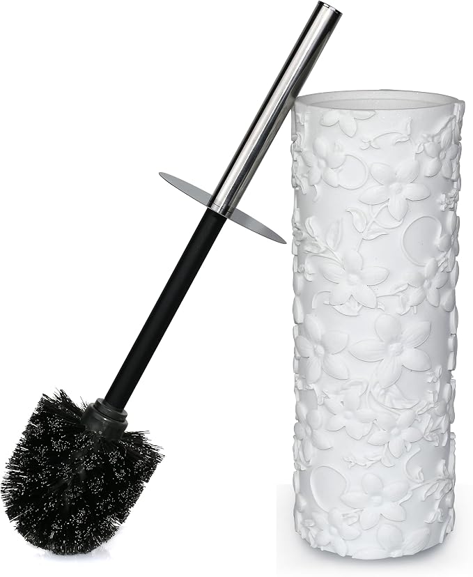 White Floral Design Resin Toilet Bowl Holder and Brush Set, Stylish Bathroom by IndecorHome