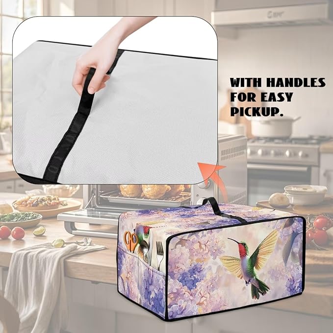 Hummingbird Hydrangea Floral Print Dust Cover for Microwave Oven Waterproof Heavy Duty Microwave Oven Cloth Cover with Storage Pockets Kitchen Appliance Protector, M