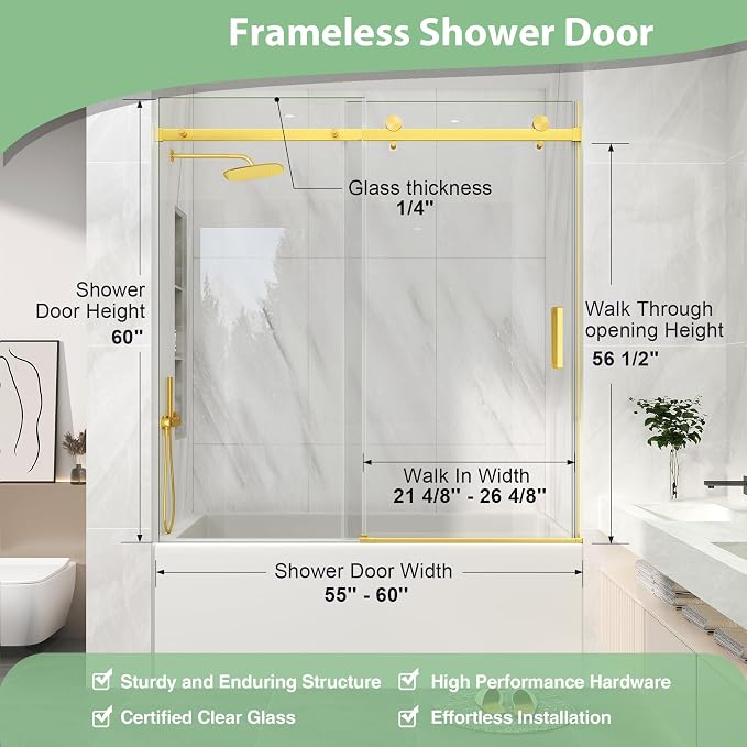 KPUY Frameless Sliding Bathtub Door, 55-60" W x 60" H Tub Shower Door, 1/4" - Image 4