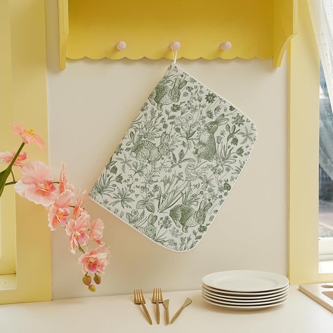 Easter Dish Drying Mat 18 x 24 Inch Sage Green Bunny Floral Drying Mat - Image 3