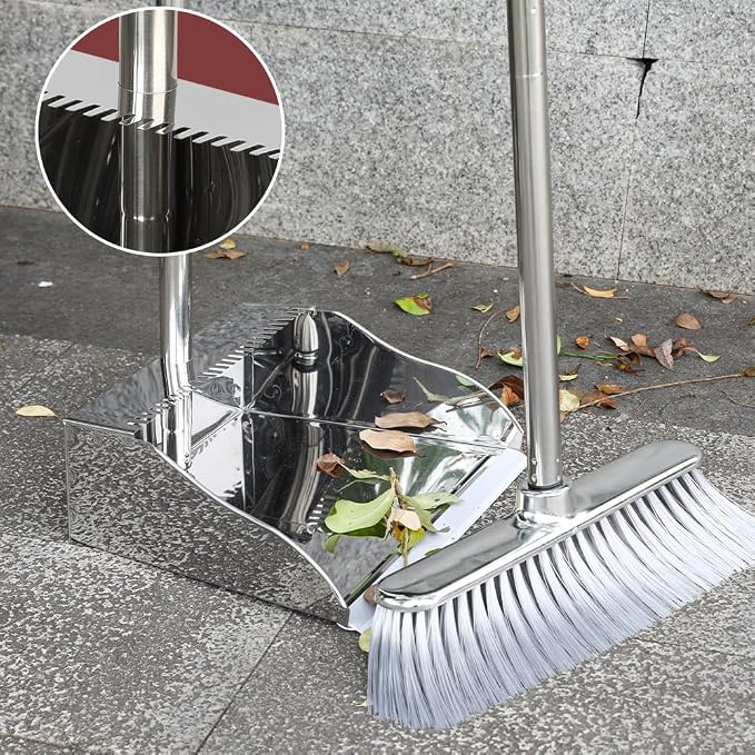 Metal Dustpan with Broom Set, Long Handle Stainless Steel Dustpan, Heavy Duty - Image 3