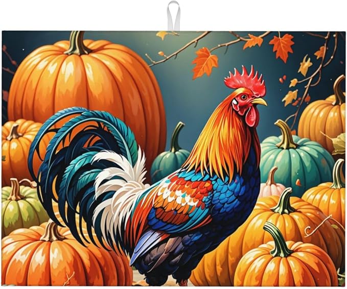 Rooster Pumpkin Dish Drying Mat Highly Absorbent Double-Sided Microfiber by Ovitssrk