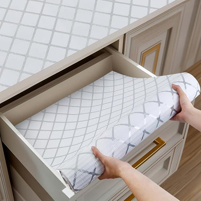 Shelf and Drawer Liner for Kitchen Cabinets Non-Adhesive, Strong Grip Non-Slip Thickened Cabinet Liners for Shelves, Waterproof Mats for Dresser Cupboard, Silver Stripe, 12 in x 20 Feet