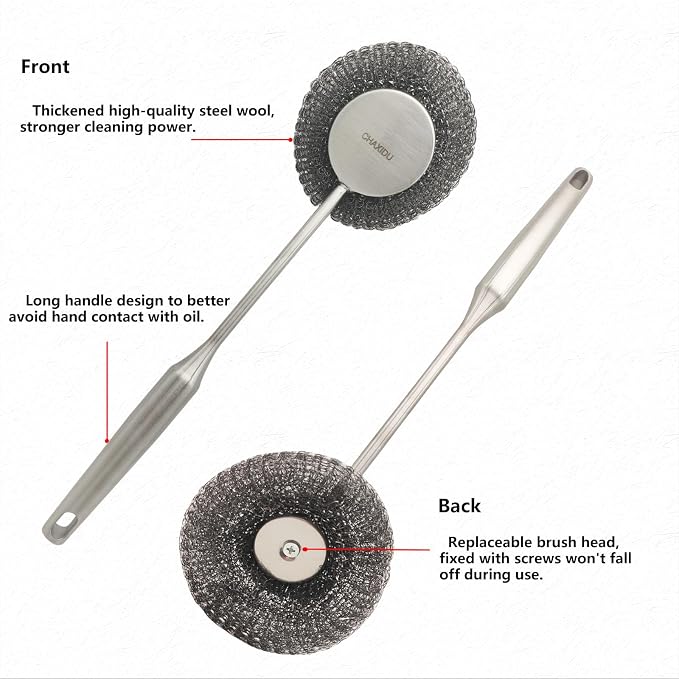 Stainless Steel Wool Scrubber Set, Long Handle & Handle Brushes, Metal Brush - Image 6