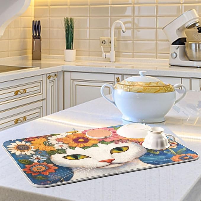 White Cat Colorful Flowers Pattern Dish Drying Mat - Image 6