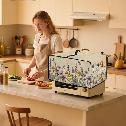 Convection Toaster Oven Cover with Side Pockets, Dust-Proof Smart Microwave Oven Protector for Countertop Decorations, S, Floral Butterfly Dragonfly