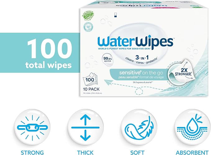 WaterWipes Sensitive+ On The Go Wipes, 3-In-1 Cleans, 99.9% Water, Unscented & - Image 2