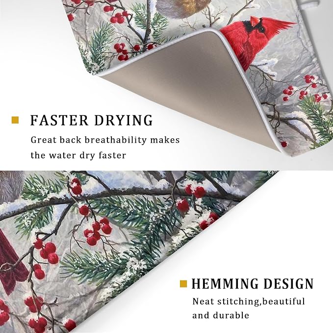 Red Bird Dish Drying Mat Merry Christmas Dishes Pad Absorbent Fast Dry Dish - Image 3