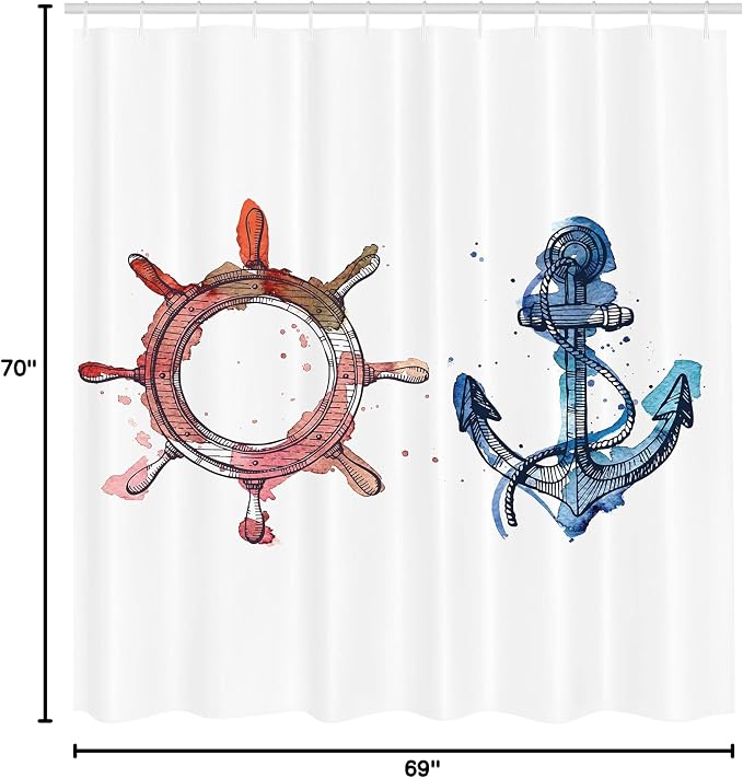 Ambesonne Nautical Shower Curtain, Illustration of an Anchor and Steering Wheel - Image 5