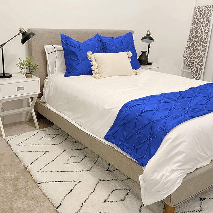 Bed Runner Set - 100% Pure Cotton 800 Thread Count - Luxury 1 Pinch Pleated Bed Runner and 2 Pillow Cover - 3 Piece Pinch Pleated Bed Runner Set Twin, Royal Blue