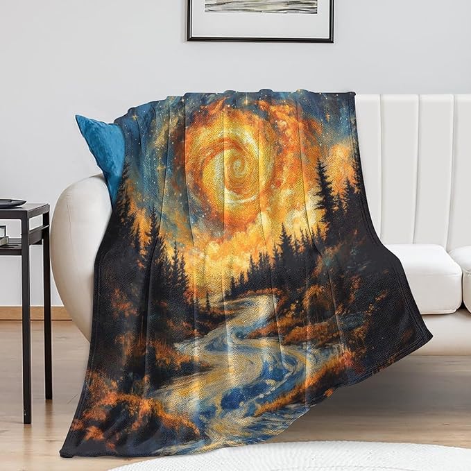 Magic Forest Blanket, Abstract Art Oil Painting Dreamworld River Jungle Sunset Pattern Soft Warm Cozy Plush Flannel Covers for Livingroom Bedroom Couch Chair Camping Travel Home Decor Tapestry 40x50in