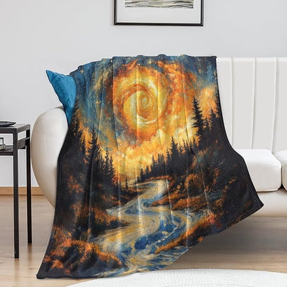 Magic Forest Blanket, Abstract Art Oil Painting Dreamworld River Jungle Sunset Pattern Soft Warm Cozy Plush Flannel Covers for Livingroom Bedroom Couch Chair Camping Travel Home Decor Tapestry 40x50in