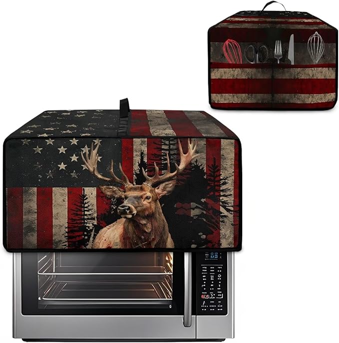 Vintage Deer Elk Print Microwave Oven Cover Waterproof Dust Cover for Microwave Oven American Flag Forest Print Universal Small Appliance Dust Covers Dirt and Fingerprint Protection, S