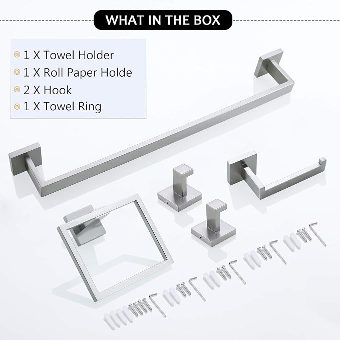 TNOMS Bathroom Towel Bar Set 5 Pieces Brushed Nickel Square Modern Bathroom - Image 7