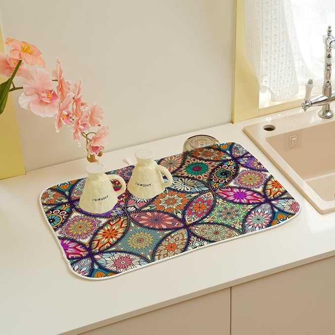 Boho Dish Drying Mat 18 x 24 Inch Vintage Bohemian Drying Mat - Image 4