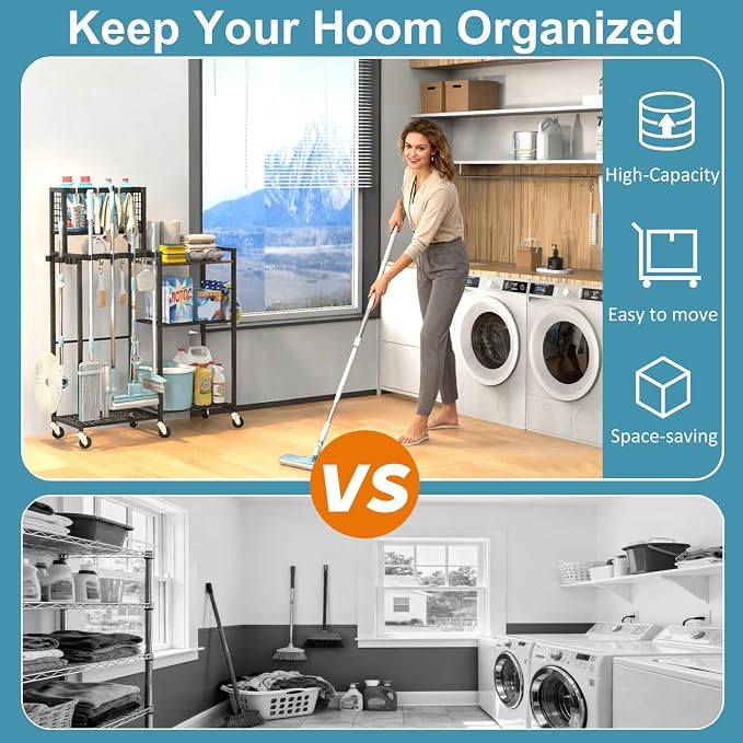 Broom Holder with Cleaning Supplies Organizer, Cleaning Cart with Broom Hanger - Image 7