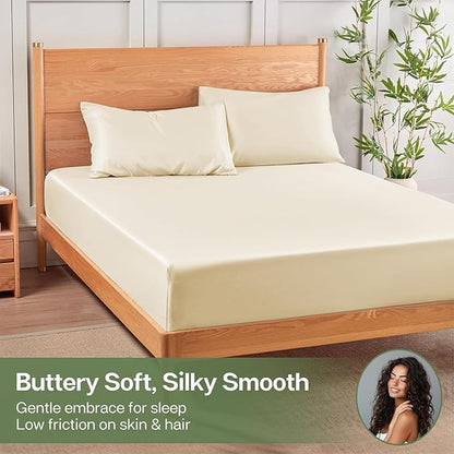 MR&HM Twin XL Fitted Sheet Only, Ultra-Soft Rayon Derived from Bamboo & Polyester Blend, Silky & Breathable, 15" Deep Pocket with Elastic Straps, Cooling Fitted Sheet for Hot Sleepers, Cream