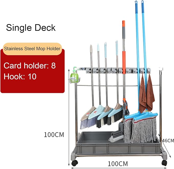 Movable Commercial Mop Rack, Floor Standing Cleaning Tool Cart Storage - Image 2