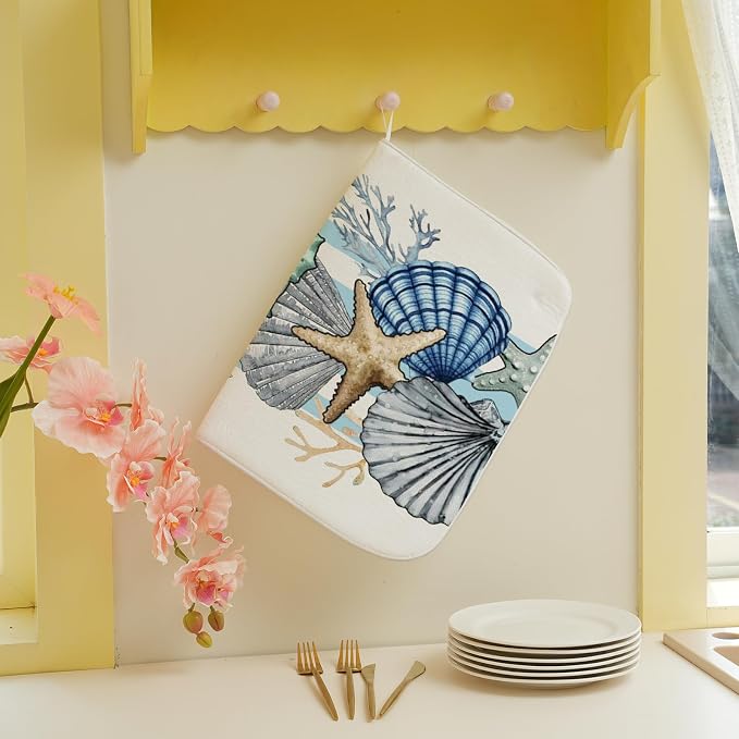 Nautical Coastal Starfish Dish Drying Mats 18x24 Inch Beach Coral Shell Blue - Image 4