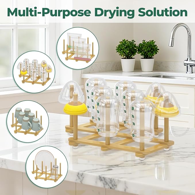 EsLuker.ly Baby Bottle Drying Rack Bamboo Vertical Dryer Holder, Foldable Space - Image 6