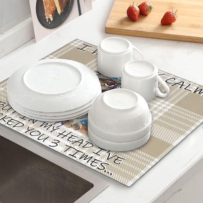Funny Owl Dish Drying Mat for Kitchen Counter Cute Buffalo Plaid Drying Mat - Image 2