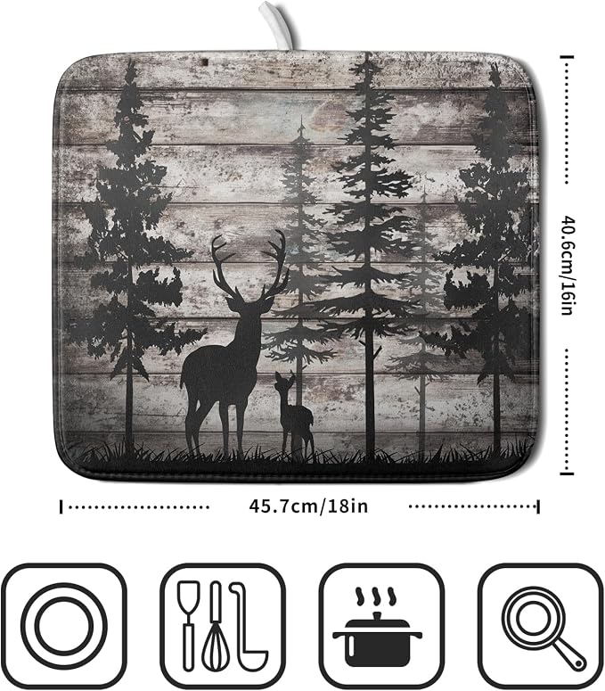 Forest Deer Dish Drying Mat Wildlife Animal Decorative Microfiber Dishes Pad - Image 2