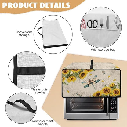 Dragonfly Sunflower Print Microwave Oven Cover Dust-Proof Microwave Toaster Oven Cover with Storage Bags Universal Washable Decor Accessories for Kitchen, M