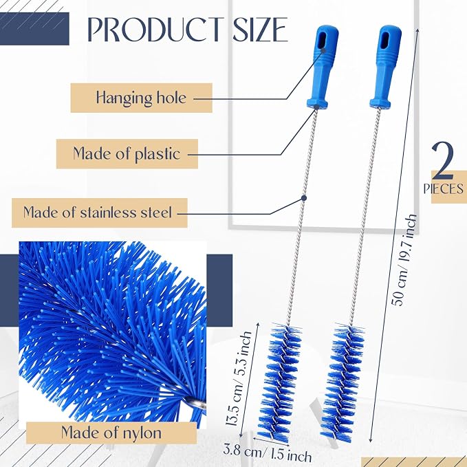 Baderke 2 Pieces Drain Brush Pipe Cleaning Blue Tube Brushes 19.7 Inch Plastic - Image 2