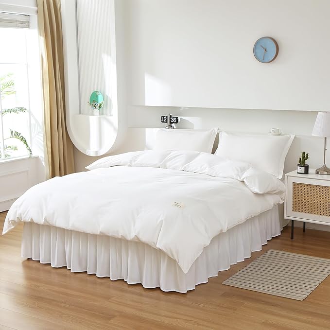 MEILA Wrap Around Bed Skirt Three Fabric Sides Elastic Dust Ruffled 14 Inch Tailored Drop,Easy to Install Fade Resistant-Natural White, Twin/Full