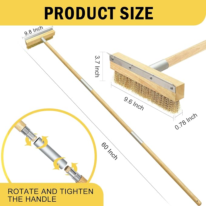 Pizza Oven Brush with Scraper, 60-Inch adjustable-length Long Wood Handle Brass - Image 3
