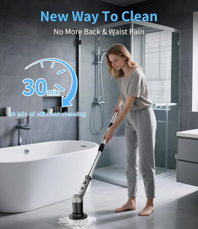 Electric Spin Scrubber with 3 Speed, Adjustable Extension Handle, 8 Brush Heads - Image 2
