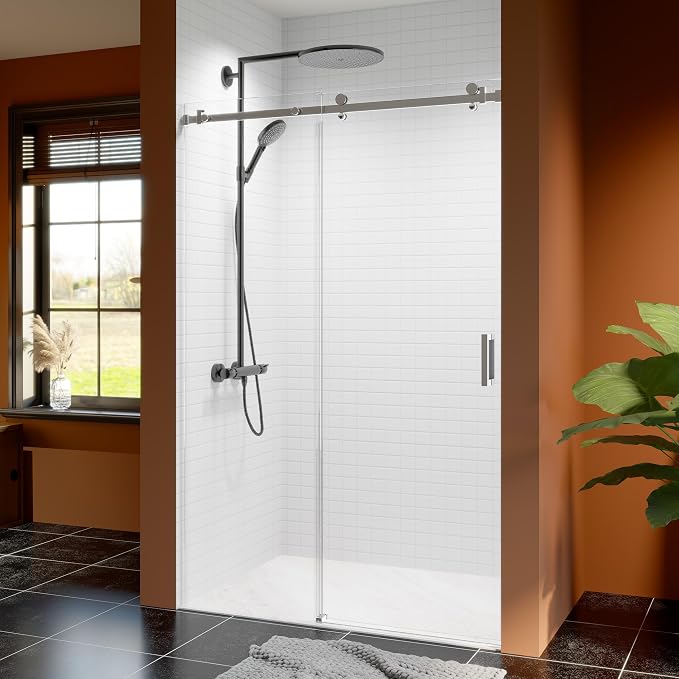 46-48 Inch Frameless Sliding Shower Door, 5/16" Clear Tempered Glass, Smooth by EZONTEQ