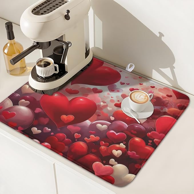 Valentines Day Dish Drying Mat for Kitchen Counter 18x16 Inch Red Heart Drying - Image 6