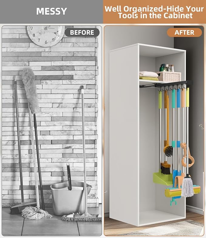 Pull Out Broom Holder With Adjustable Double Row Sliding Hook, - Image 5