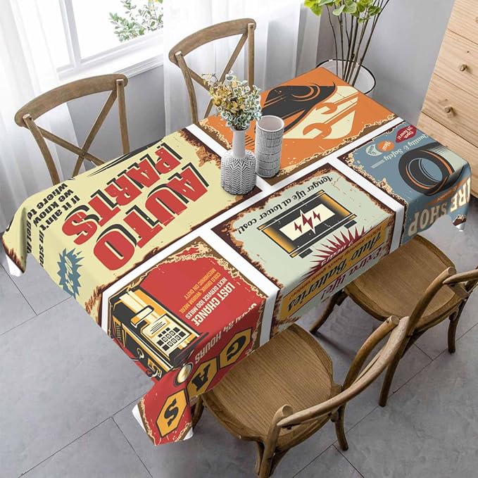 Vintage Car Tin Signs Table Linens 52x70 Old Rusty Posters Retro Auto Service - Image 2