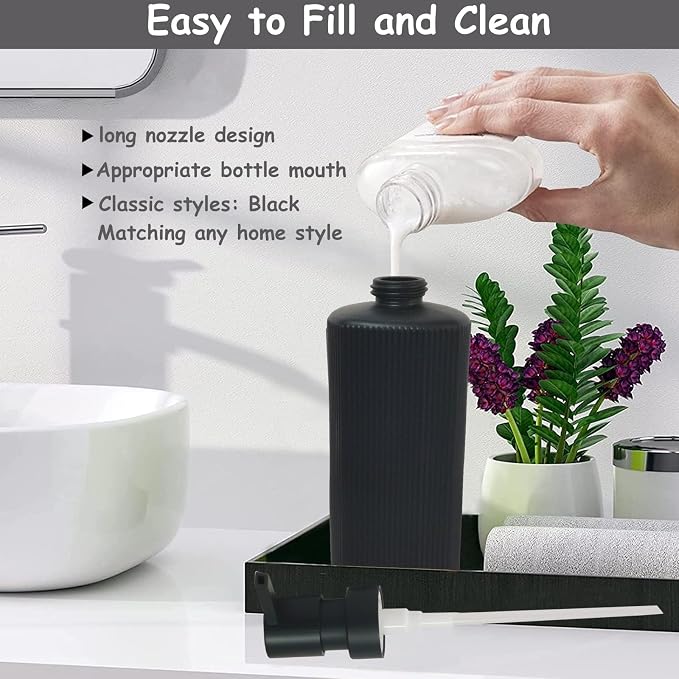 Black Pump Glass Soap Dispenser, 12oz Stripe Countertop Refillable Liquid Bottle - Image 3