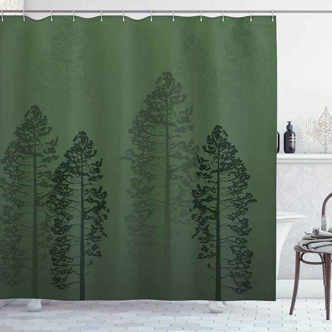 Ambesonne Country Shower Curtain, Pine Trees in The Forest on Foggy Seem Ombre by Ambesonne