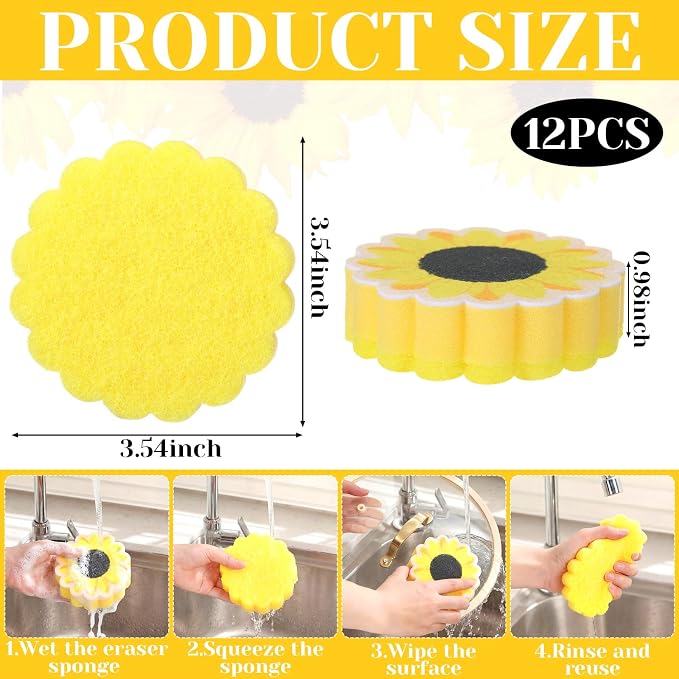Tioncy 12 Pack Sunflower Kitchen Sponges Bulk Dual Sided Scrubber Yellow - Image 2