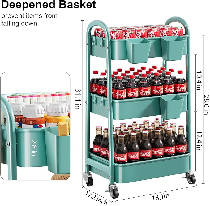 Green 3 Tier Rolling Cart Metal - Image 9